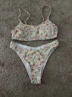Floral Ribbed Two-Piece Bikini Set - Yellow Multi